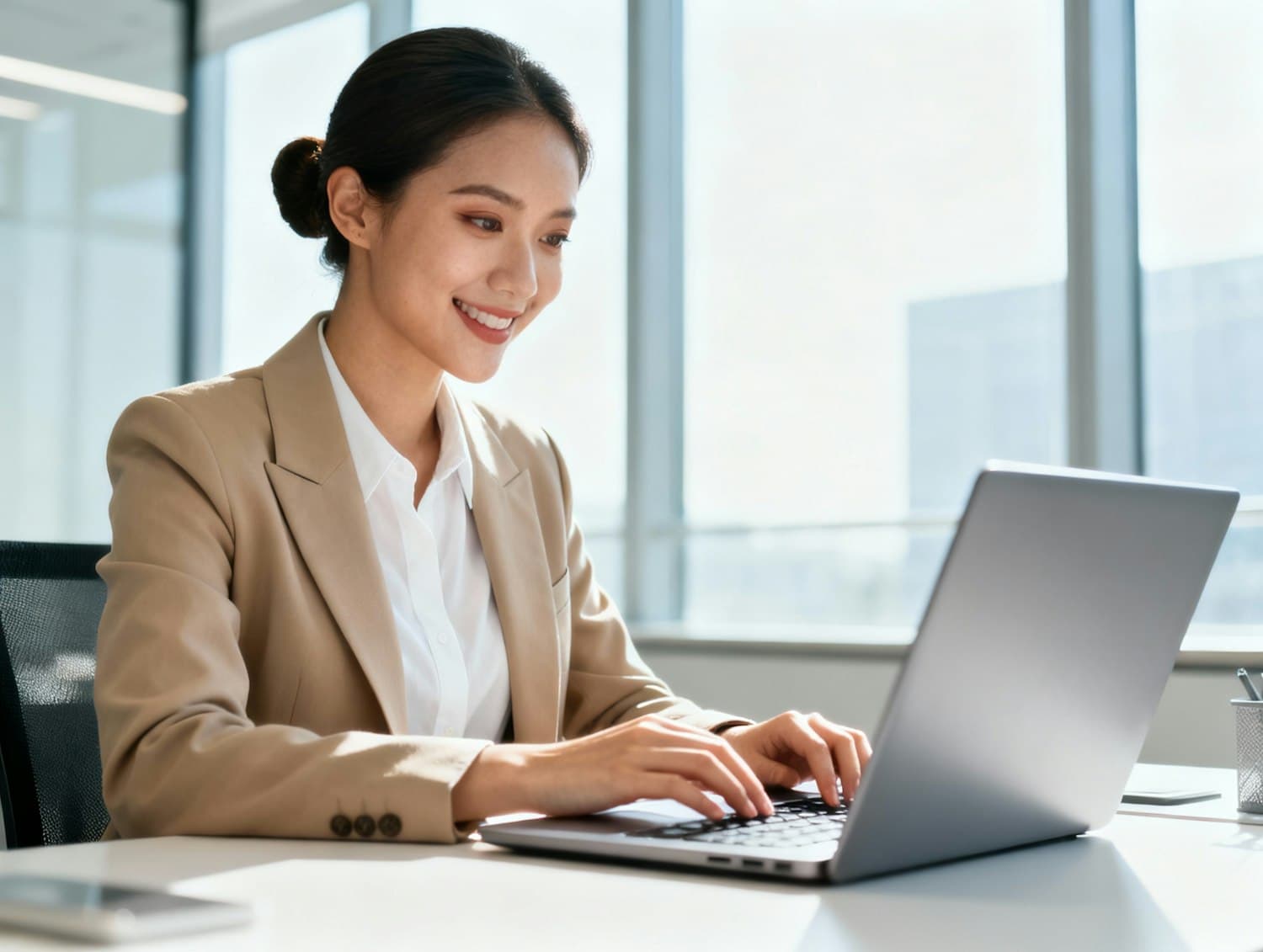 A finance professional smiling while working on a laptop in a bright office