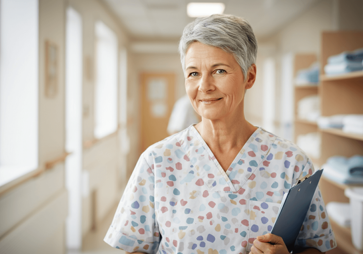 A smiling nurse holding a clipboard in a bright clinic hallway