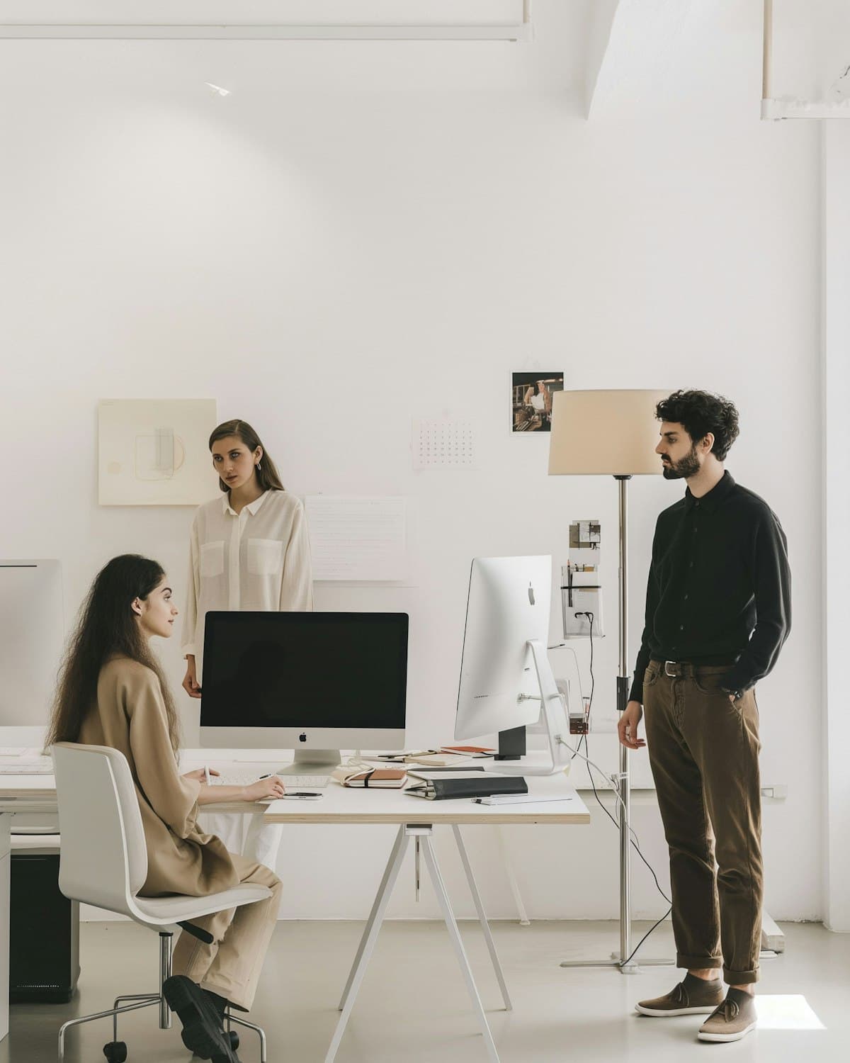 Three colleagues talking through their work around a desk in a bright studio
