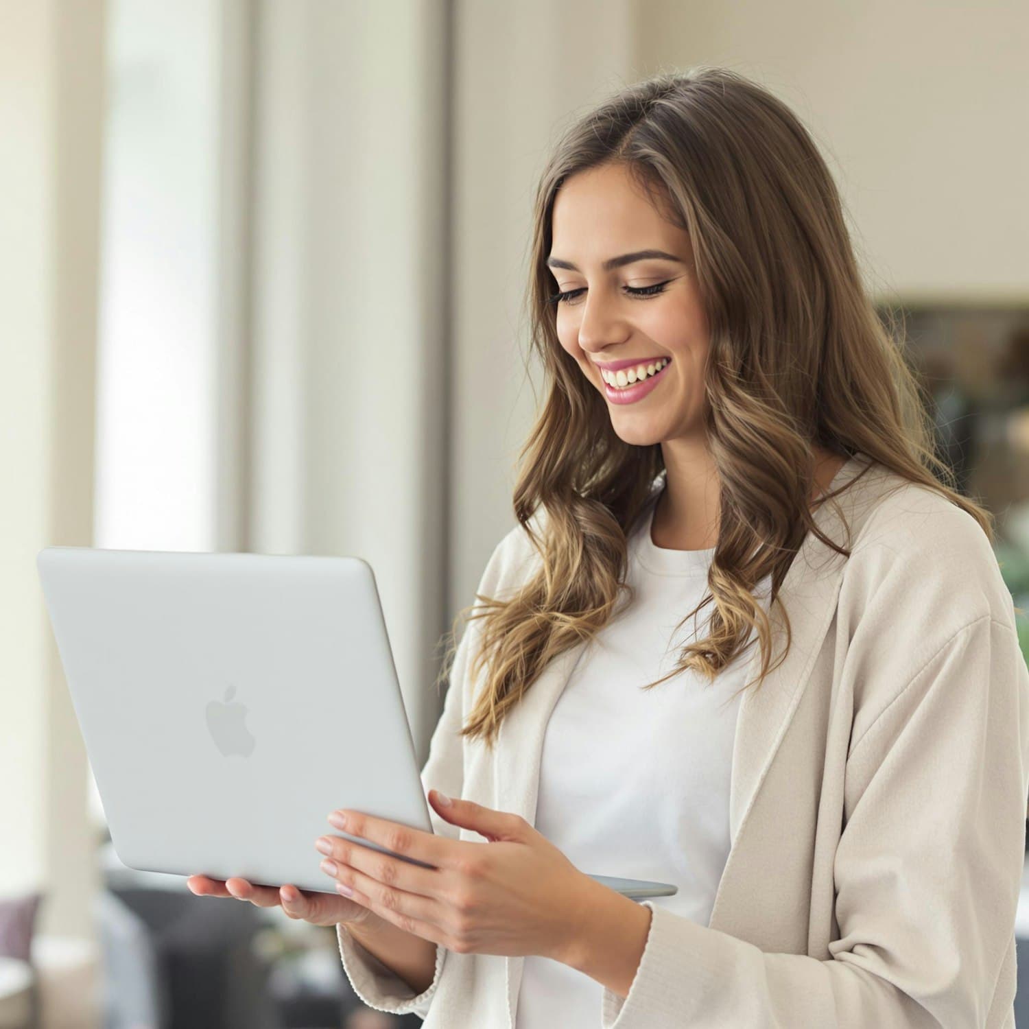 A smiling member of the Onefold team reading a request on her laptop