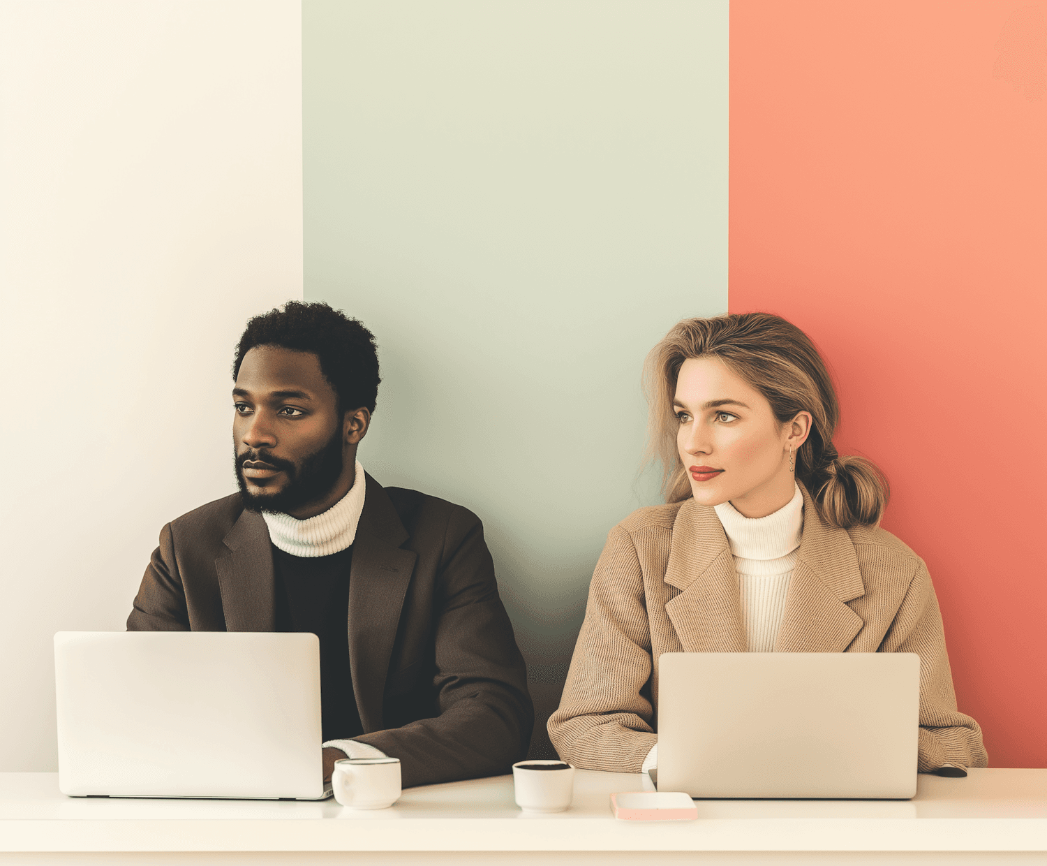 Two colleagues working side by side on their laptops