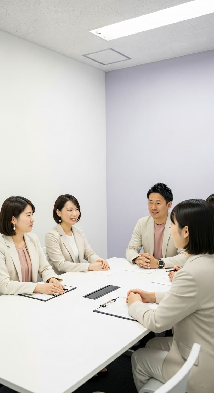 A small team smiling around a meeting table while they plan how they will work together